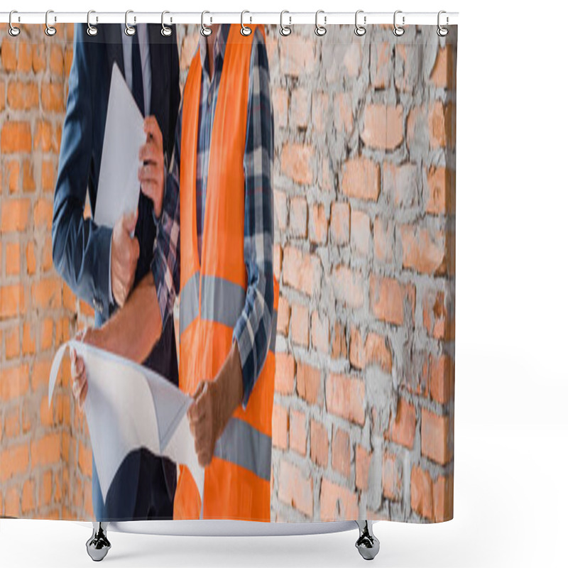 Personality  Panoramic Shot Of Architect Holding Blueprint Near Businessman With Digital Tablet  Shower Curtains