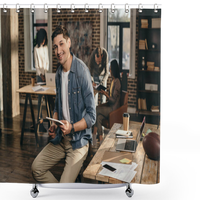 Personality  Young Man In Modern Loft Office Holding Tablet And Looking At Camera With Colleagues Working On Background  Shower Curtains