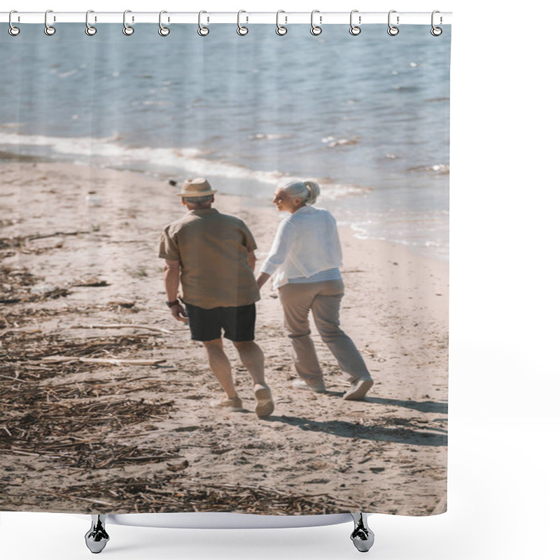 Personality  Senior Couple Walking On Beach  Shower Curtains