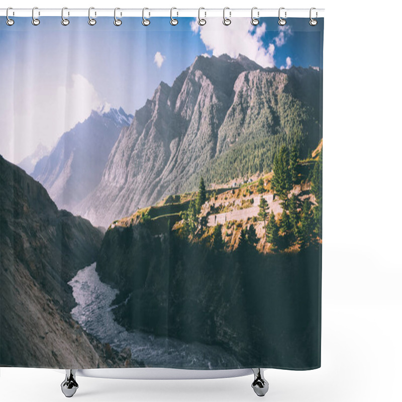 Personality  Beautiful Mountain River In Valley And Majestic Mountains In Indian Himalayas Shower Curtains