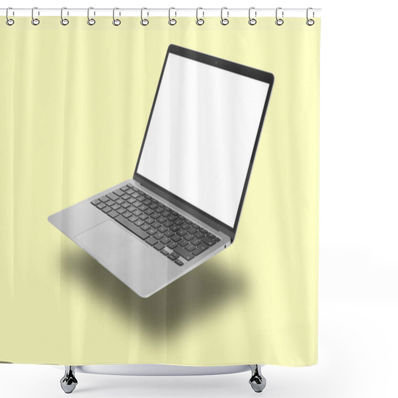 Personality  Modern Laptop Flying On Pale Light Yellow Background Shower Curtains