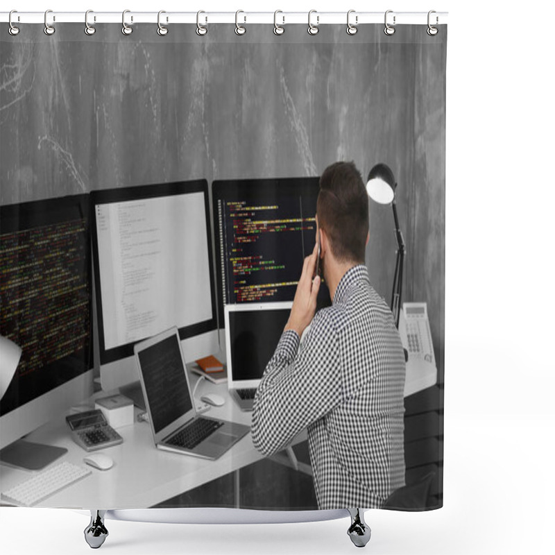 Personality  Handsome Young Programmer Working In Office Shower Curtains