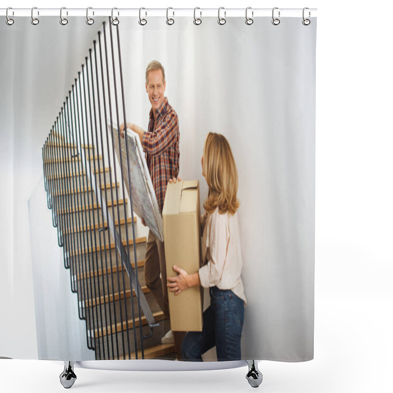 Personality  Woman With Cardboard Box And Man With Picture Going Upstairs Shower Curtains