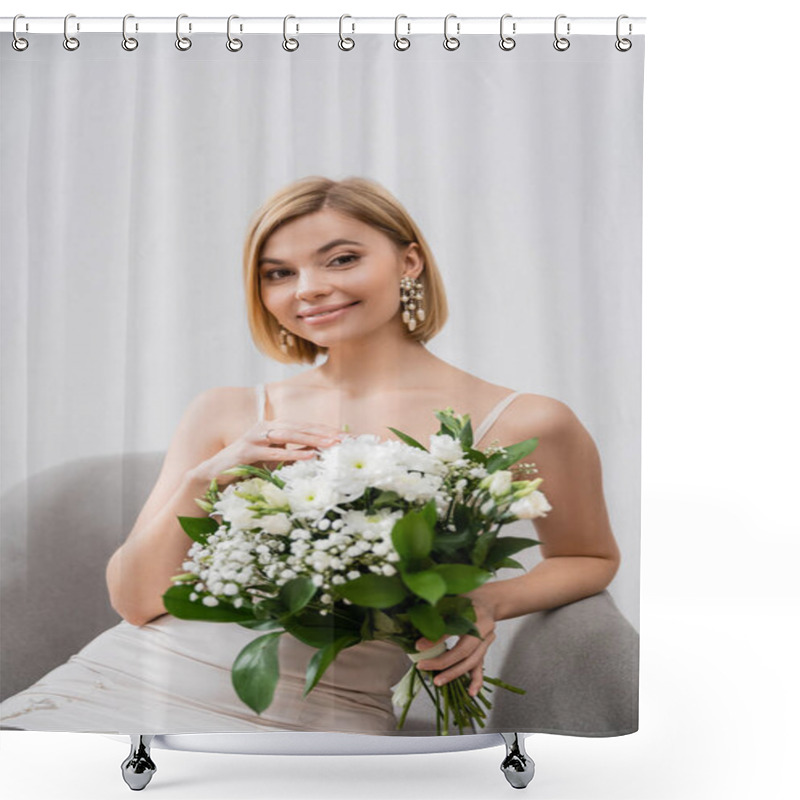 Personality  Special Occasion, Beautiful Blonde Bride In Wedding Dress Sitting In Armchair And Holding Bouquet On Grey Background, Engagement Ring, White Flowers, Bridal Accessories, Happiness, Feminine  Shower Curtains