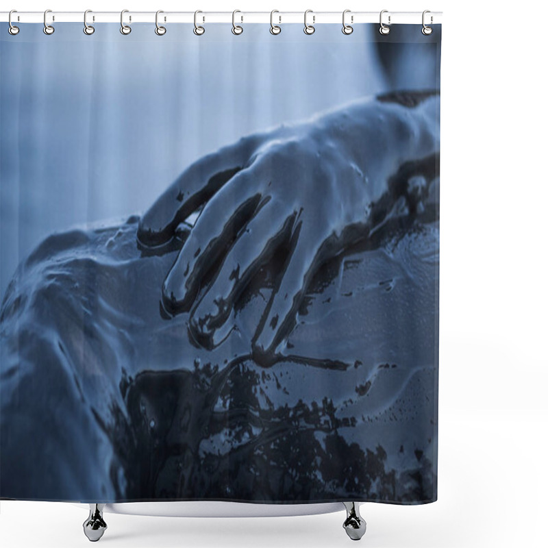 Personality  Close Up Hand Of A Girl Smeared In A Black Mud Of A Healthy Salt Kuyalnik Firth In Odesa, Ukraine. Shower Curtains