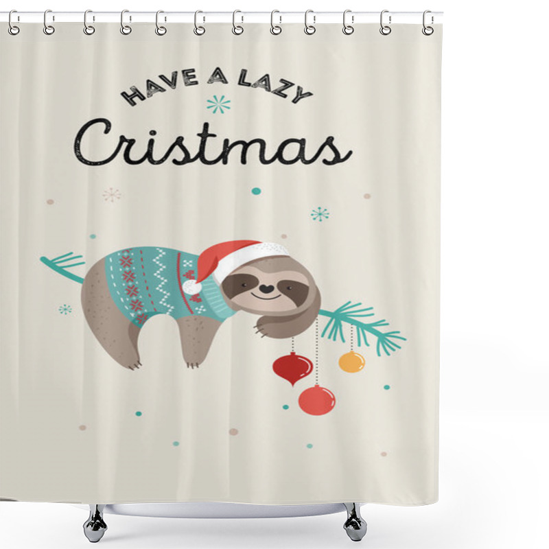 Personality  Cute Sloths, Funny Christmas Illustrations With Santa Claus Costumes, Hat And Scarfs, Greeting Cards Set, Banner Shower Curtains