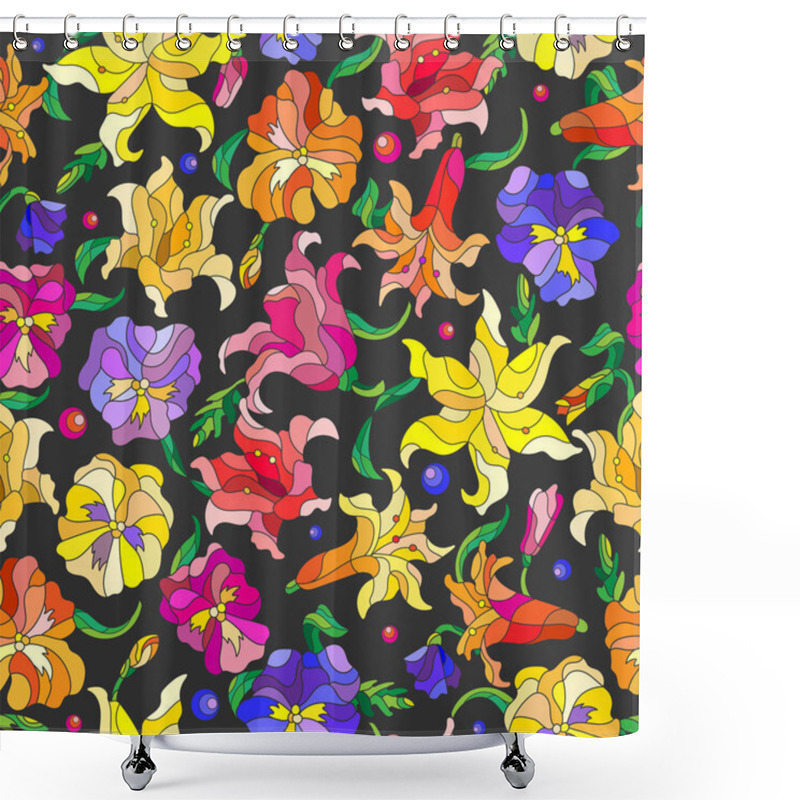 Personality  Seamless Background With Spring Flowers In Stained Glass Style, Flowers, Buds And Leaves Of Pansies And Lilies On A Dark Background Shower Curtains