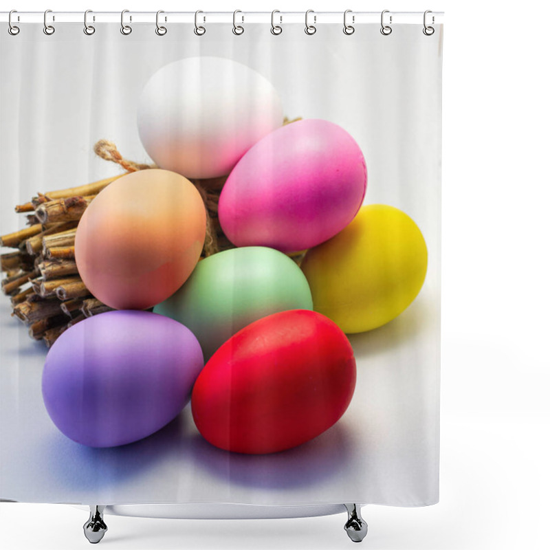 Personality  Colorful Easter Eggs And A Bundle Of Firewood On A Light Background Happy Easter Concept. High Quality Photo Shower Curtains