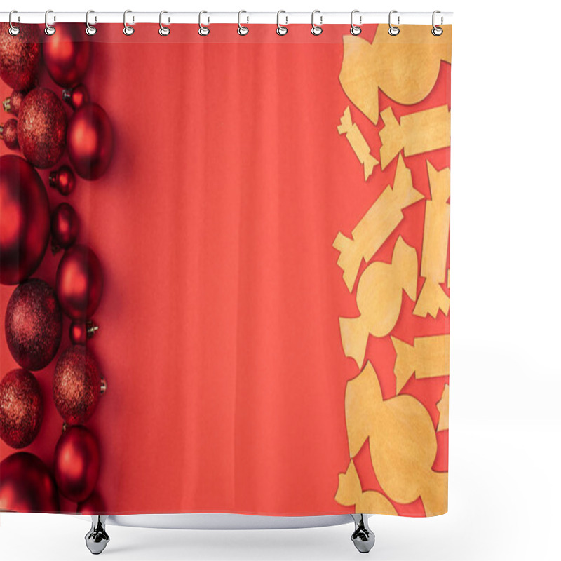 Personality  Flat Lay With Red Christmas Toys And Decorative Wooden Candies Isolated On Red Shower Curtains