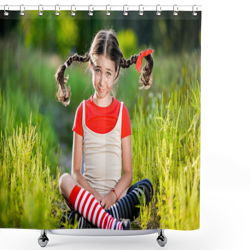 Personality  Girl With Pigtails Imagines The Summer On The Nature Shower Curtains