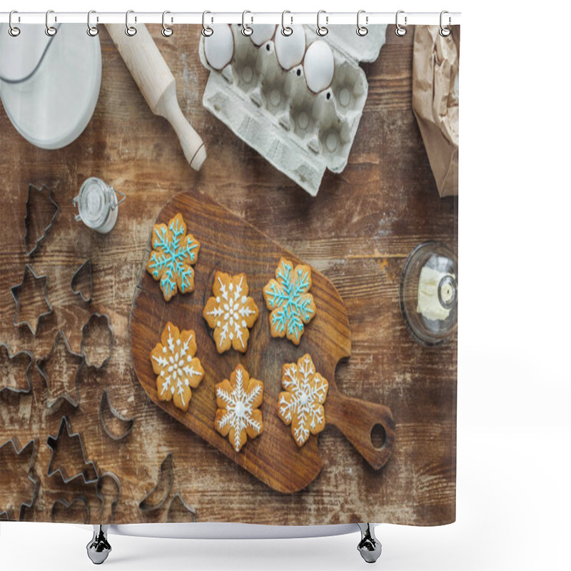 Personality  Top View Of Arrangement With Christmas Cookies On Cutting Board, Ingredients And Cookie Cutters On Wooden Tabletop Shower Curtains