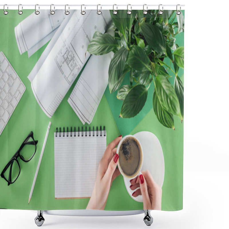 Personality  Cropped Image Of Female Architect Holding Cup Of Coffee At Table With Textbook, Blueprints And Plant  Shower Curtains