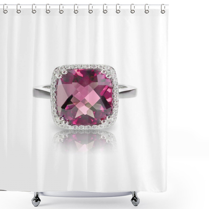 Personality  Pink Tourmaline Cushion Cut Halo Ring Isolated On White Shower Curtains