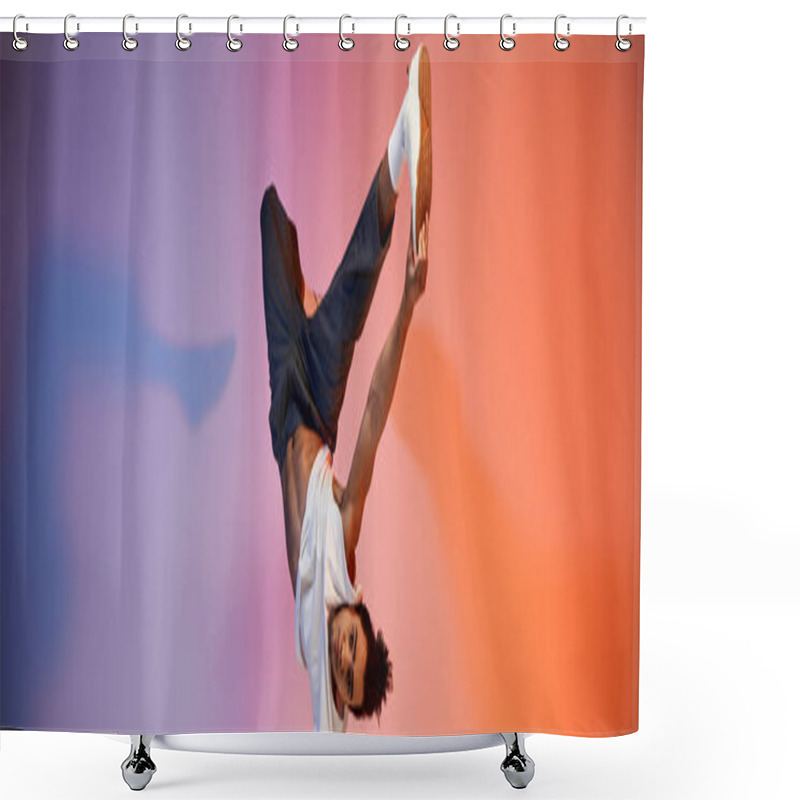 Personality  An African American Young Man Dances Against A Vibrant Gradient Background, Showcasing His Acrobatic Skills And Energetic Expression. Shower Curtains