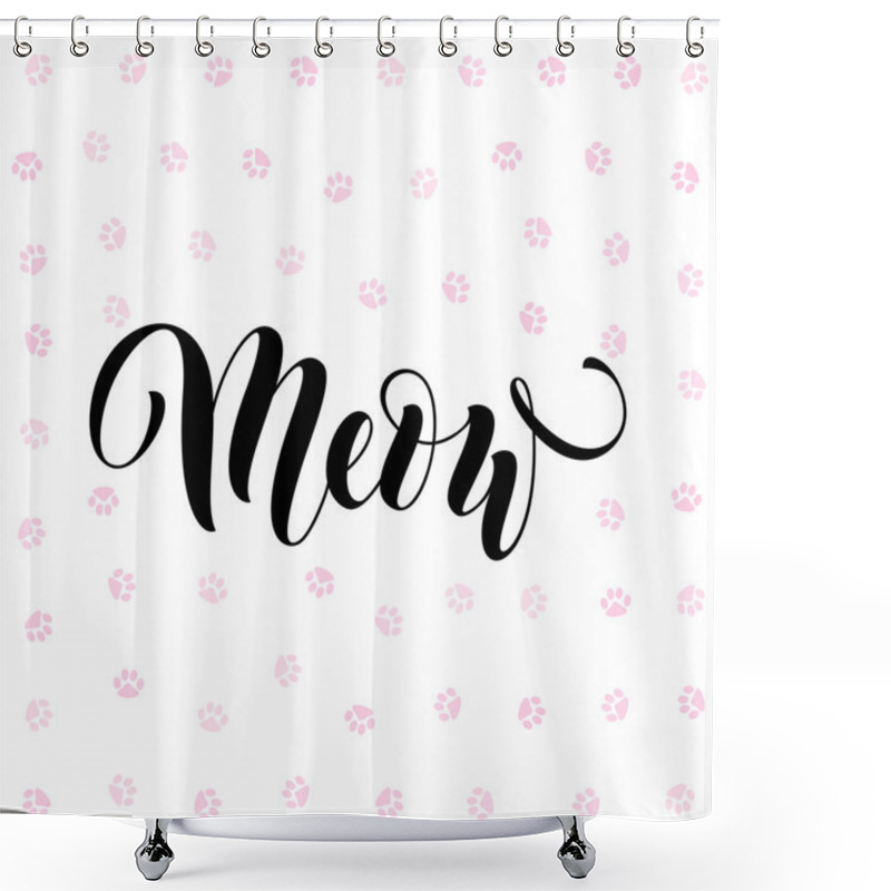 Personality  Vector Black Lettering Meow With Cute Pink Cat Paw Shower Curtains