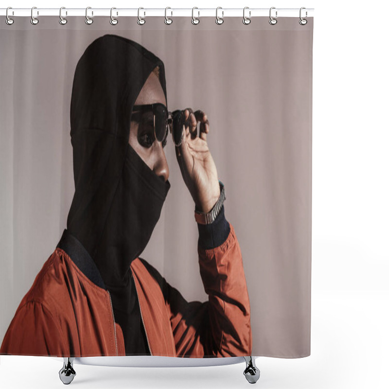 Personality  Stylish Young African American Man Wearing Hood With Face Mask Isolated On Light Background Shower Curtains