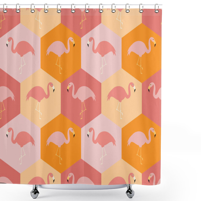 Personality  Seamless Vector Pattern Of Flamingos In Hexagons With Pink And Orange Tones Shower Curtains