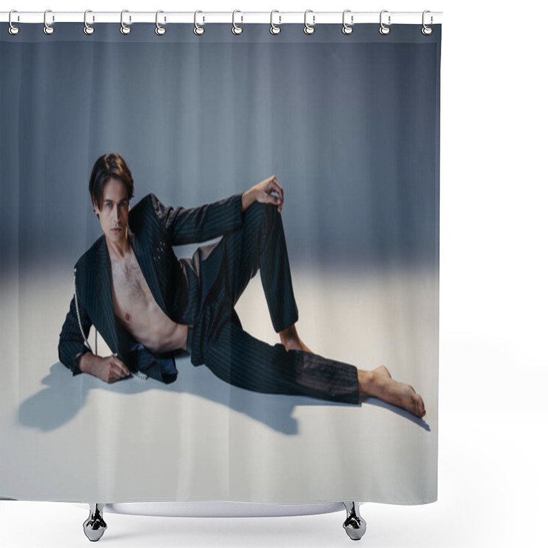 Personality  Stylish Man In Suit With Pearls And Hairy Chest Posing On Dark Grey Background  Shower Curtains