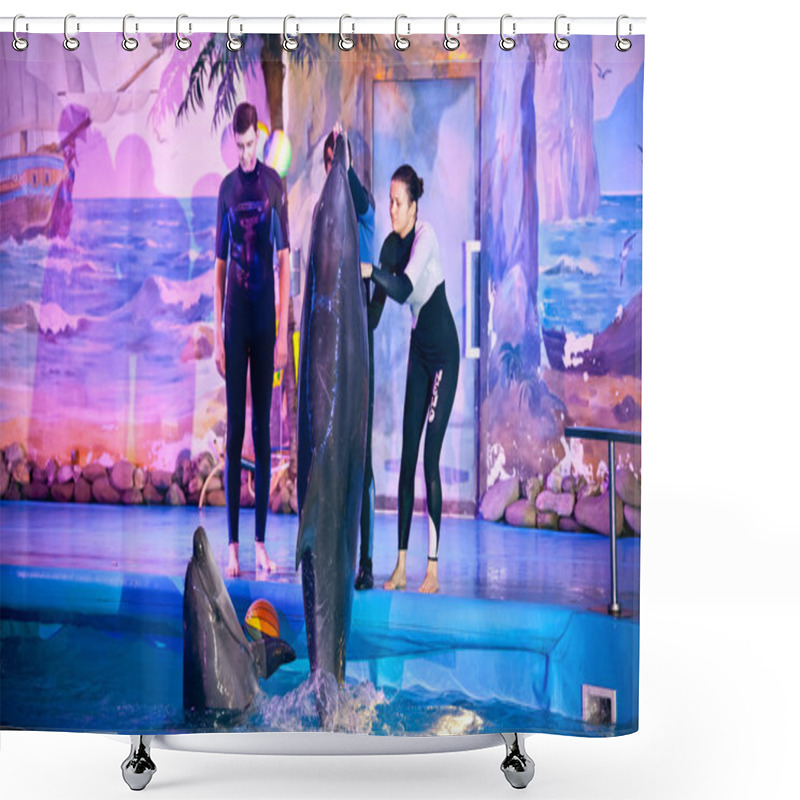 Personality  Woman Playing With Dolphin At Dolphinarium Shower Curtains