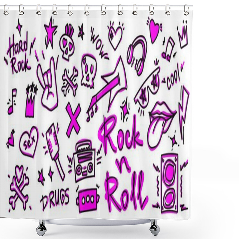 Personality  Rock N Roll, Punk Music Doodle Set. Graffiti, Tattoo Hand Drew Sticker, Text, Skull, Heart, Skate, Gesture Hand. Grunge Rock Vector Illustration. Shower Curtains