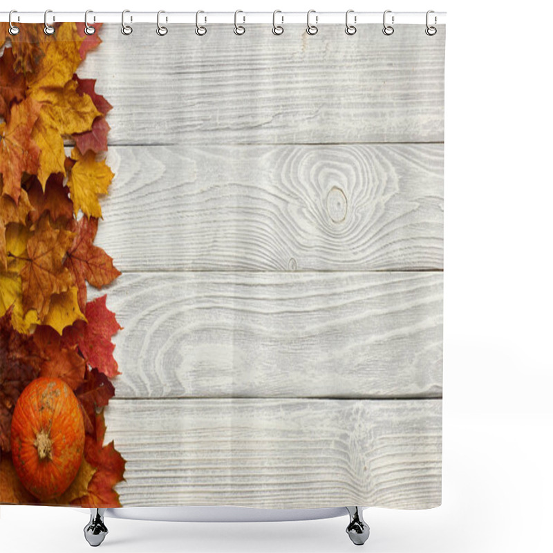 Personality  Autumn Leaves And Pumpkin Over Old Wooden Background  Shower Curtains