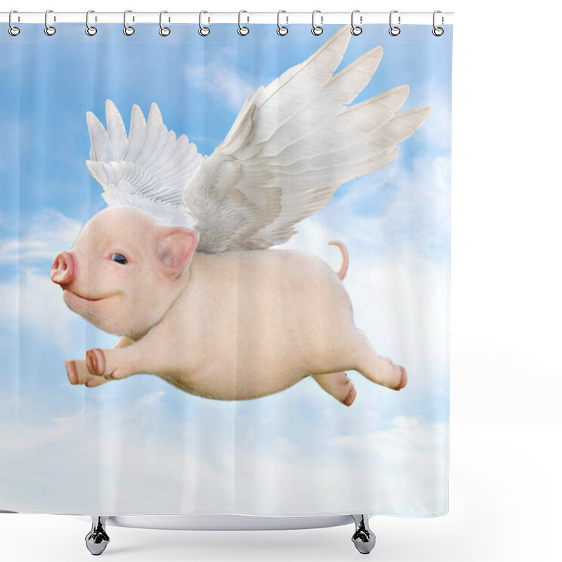 Personality  When Pigs Fly Concept. Cute Little Piggy With Wings Flying Through The Air. 3d Rendering Shower Curtains