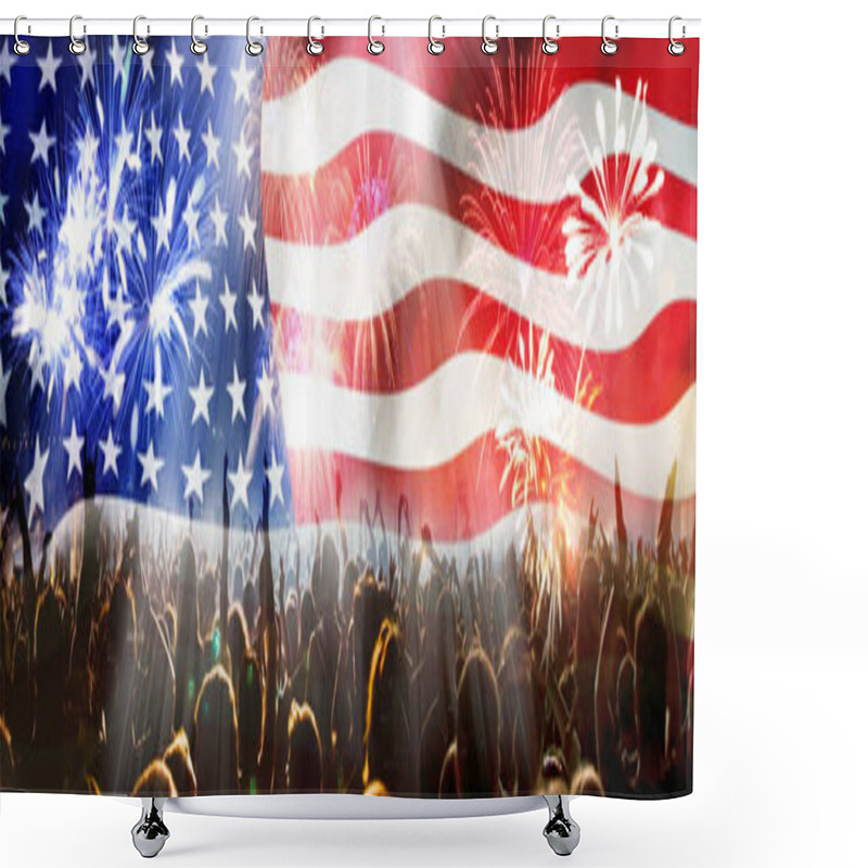 Personality  Crowd Celebrating Independence Day. United States Of America USA Flag With Fireworks Background For 4th Of July Shower Curtains