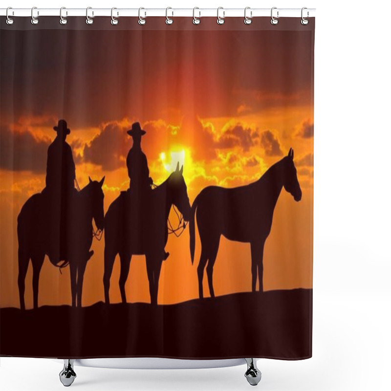 Personality  Cowboys And Horses Under Sunset Shower Curtains