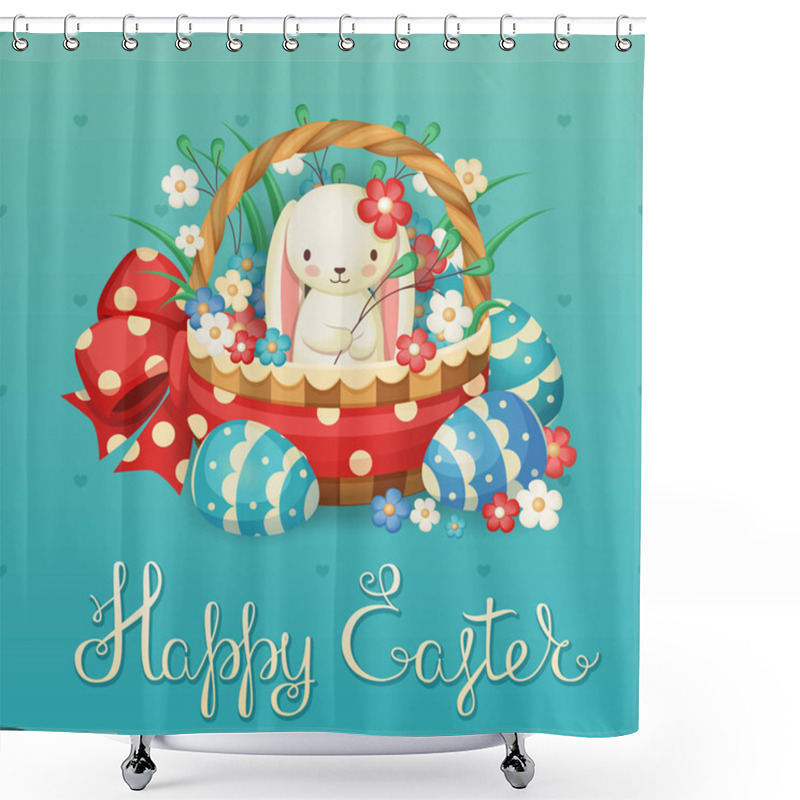 Personality  Vector Illustration For The Easter Holiday. Rabbit In A Basket With Flowers And Eggs. Shower Curtains