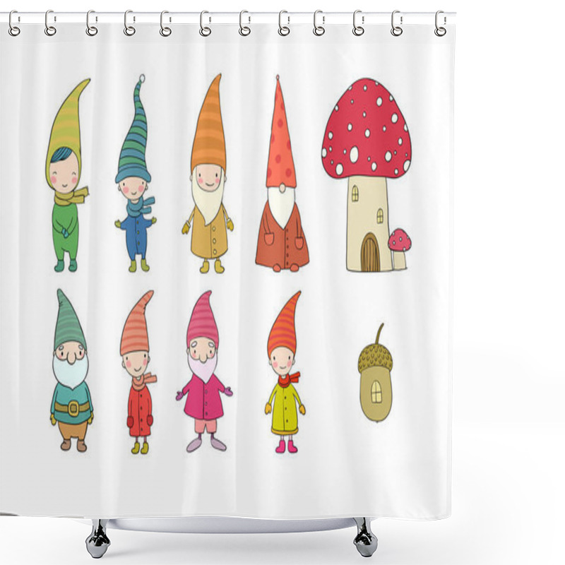 Personality  Set With Little Cute Gnomes. Forest Elves. Shower Curtains