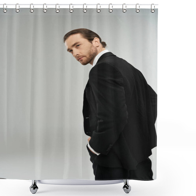 Personality  A Bearded Businessman Exudes Confidence In A Black Suit And White Shirt Against A Neutral Grey Backdrop. Shower Curtains