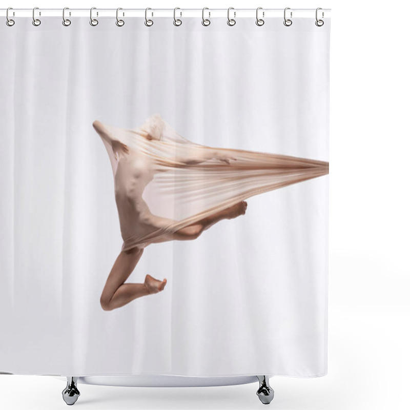 Personality  Silhouette Of Young Girl, Flexible Graceful Ballerina Dancing With Transparent Fabric Isolated Over White Background. Shower Curtains