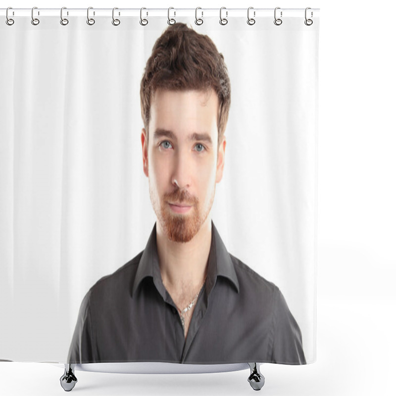 Personality  Portrait Of Happy Smiling Man, Isolated On White Shower Curtains