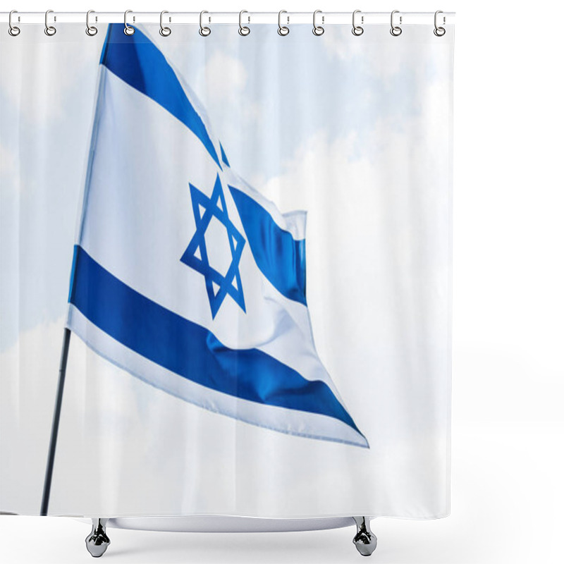 Personality  Low Angle View Of National Flag Of Israel With Star Of David Against Sky With Clouds   Shower Curtains