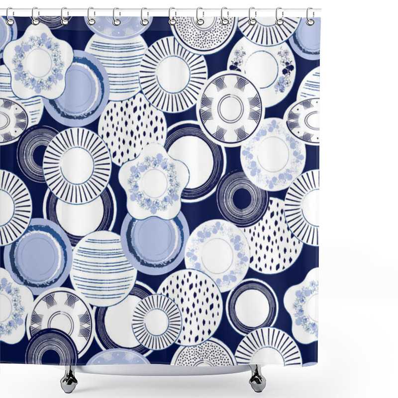 Personality  Stylish Monotone Blue In Hand Drawn Brush Porcelain Dishes Seamless Pattern Vector Illustration. Design For Fashion, Fabric ,web,wallpaper, And All Prints On Dark Blue Background Color Shower Curtains