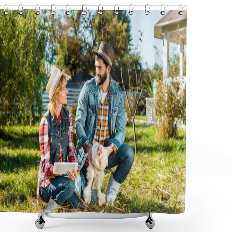 Personality  Smiling Male Farmer Holding Chicken While His Girlfriend Using Digital Tablet Near At Farm Shower Curtains