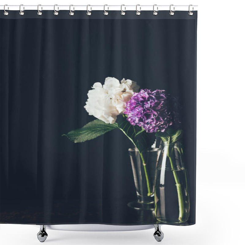 Personality  White And Purple Hortensia Blossom In Glass Vases, On Black Shower Curtains