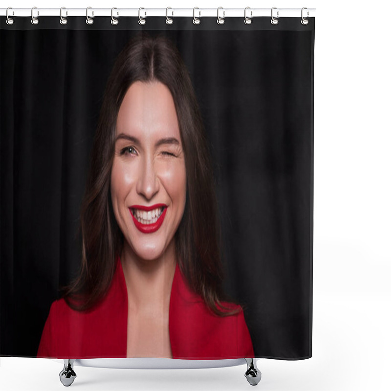 Personality  Emotional Head Shot Portrait Of A Brunette Caucasian Woman In Red Dress And With Red Lips On Black Background. She Winked. Shower Curtains