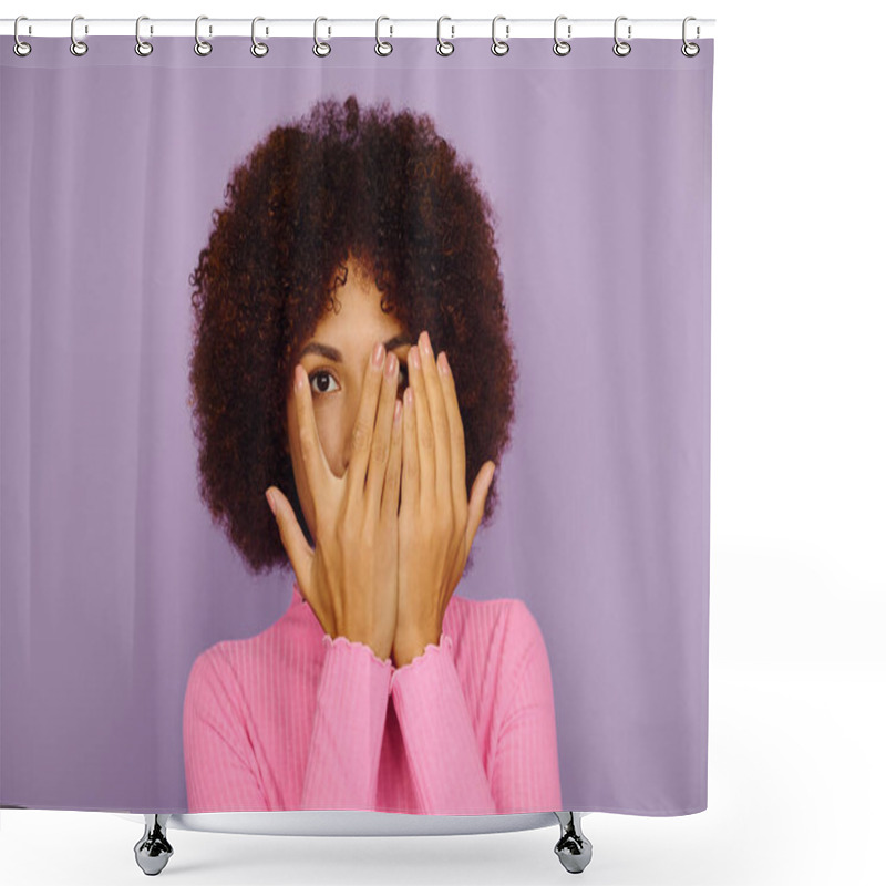 Personality  A Young African American Woman In Pink Clothing Playfully Covers Her Face, Showcasing A Range Of Emotions. Shower Curtains