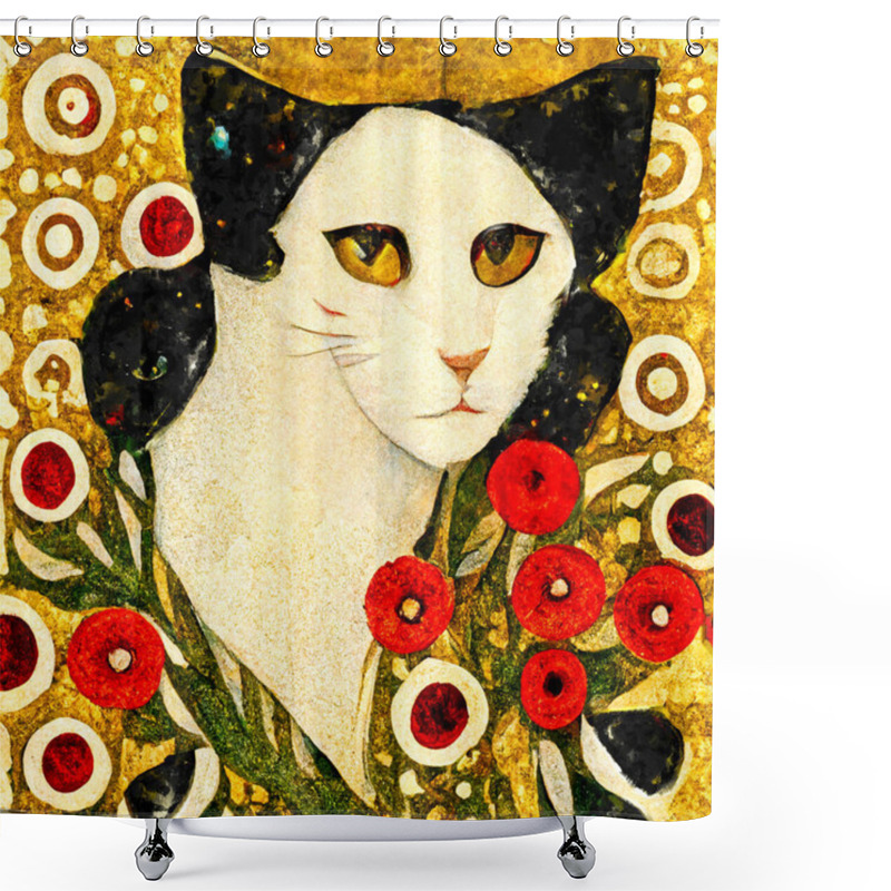 Personality  Portrait Of A Cat With Poppies Around. Painted In Art Nouveau Design Shower Curtains