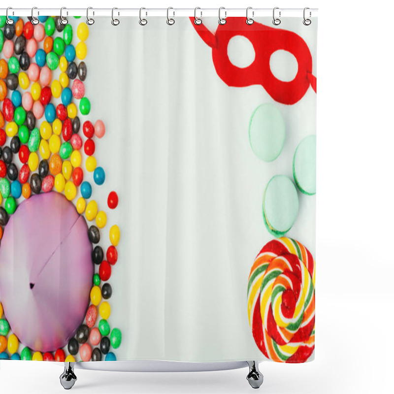 Personality  Top View Of Arranged Party Cone, Masquerade Mask, Macarons And Candies Isolated On Grey Shower Curtains