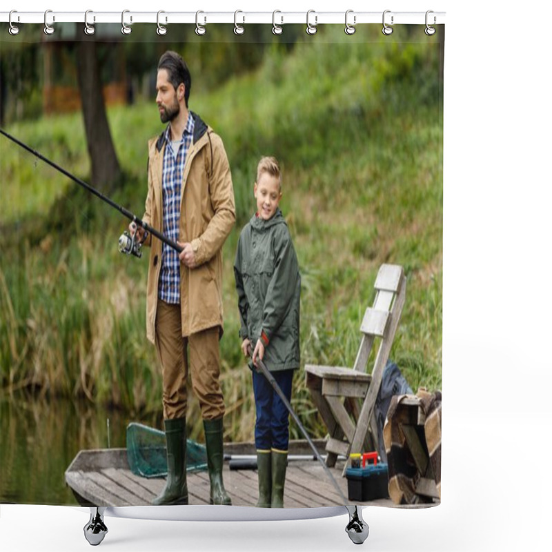 Personality  Father And Son Fishing On Pier Shower Curtains