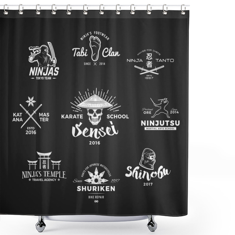 Personality  Set Of Ninjutsu Logo. Sensei Skull T-shirt Illustration Concept On Gray Background. Japanese Katana Weapon Insignia Design. Vintage MMA Badge. Shower Curtains