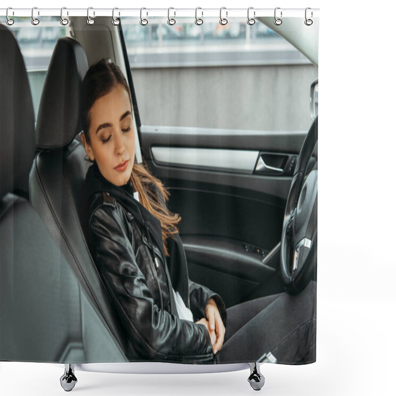 Personality  Woman With Closed Eyes On Driver Seat Of Drone Car Shower Curtains