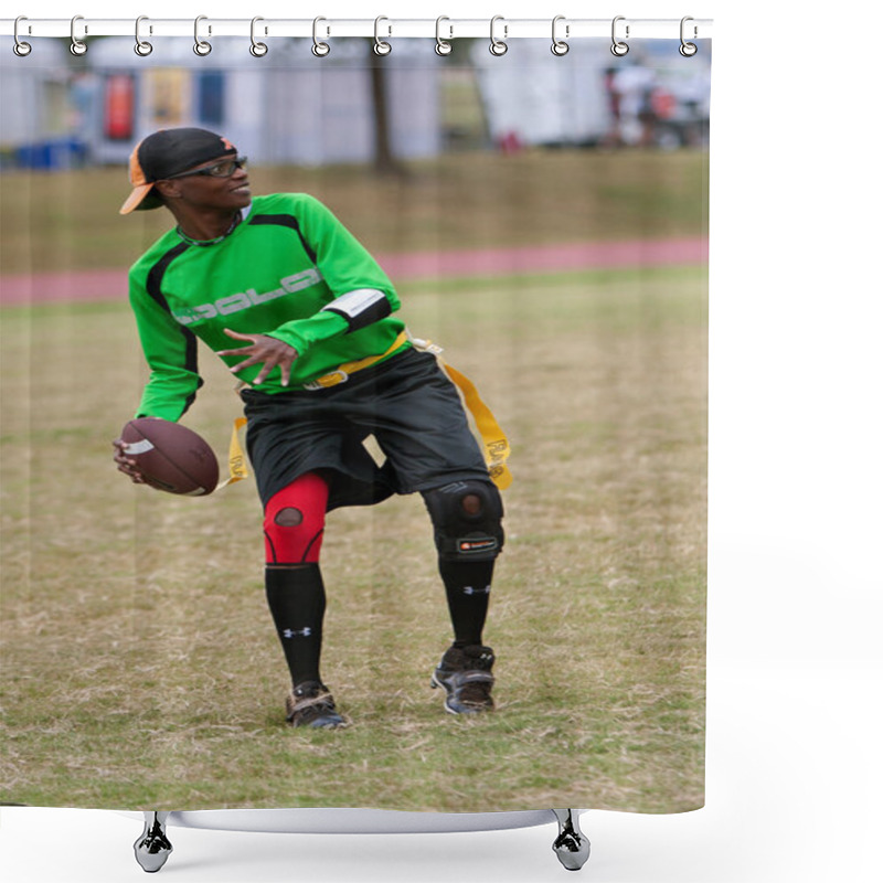 Personality  Woman Plays Quarterback On Flag Football Team Shower Curtains