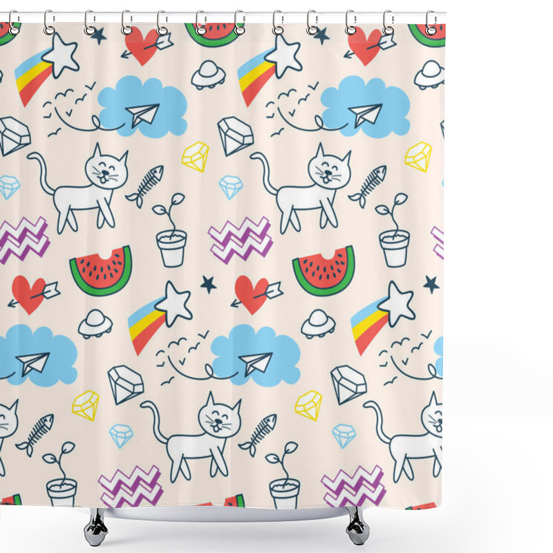 Personality  Abstract Doodle Pattern With Cat Shower Curtains