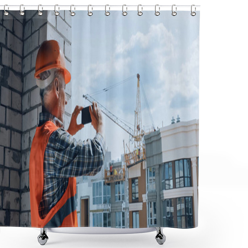 Personality  Builder Taking Photo With Smartphone On Construction Site Shower Curtains