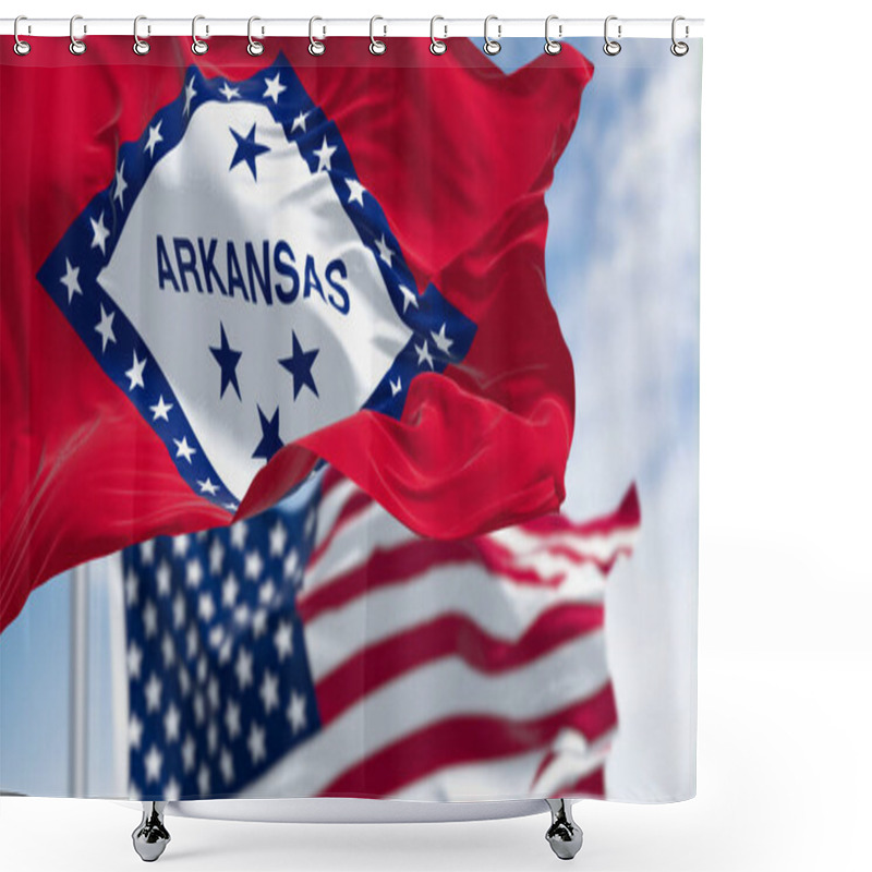 Personality  Close-up Of Arkansas State Flag Waving With The American Flag On A Clear Day. 3d Illustration Redner. Selective Focus. Rippling Fabric Shower Curtains