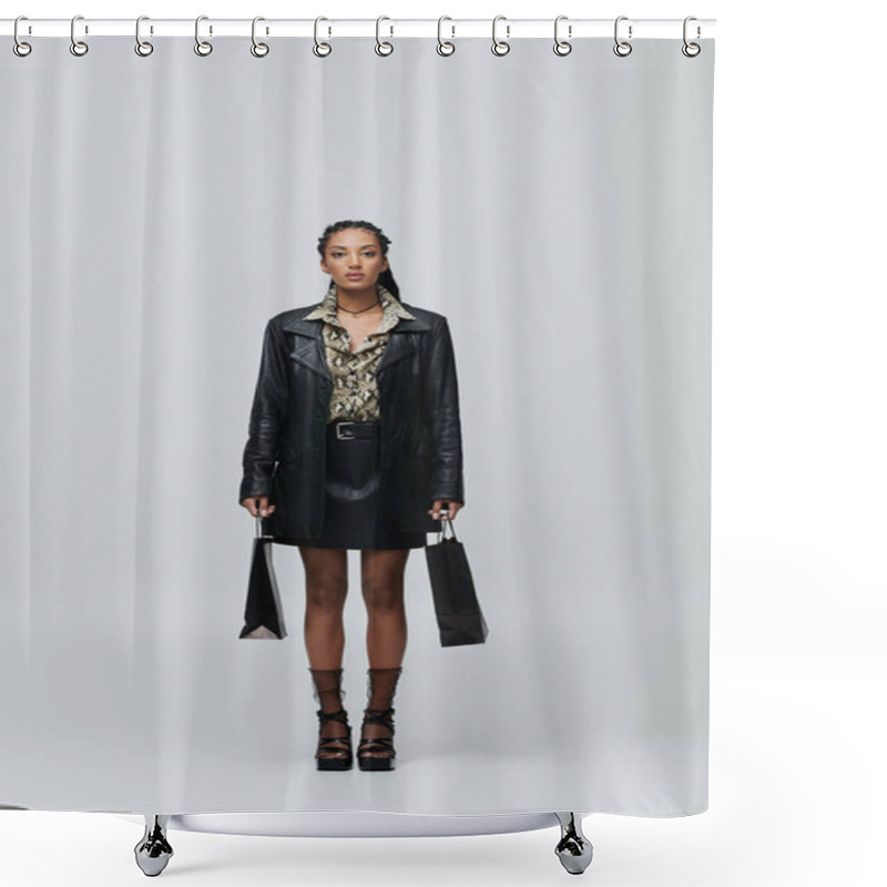 Personality  A Stylish Young Woman Poses In A Black Leather Jacket And Skirt, With A Patterned Shirt, Holding Shopping Bags. Shower Curtains