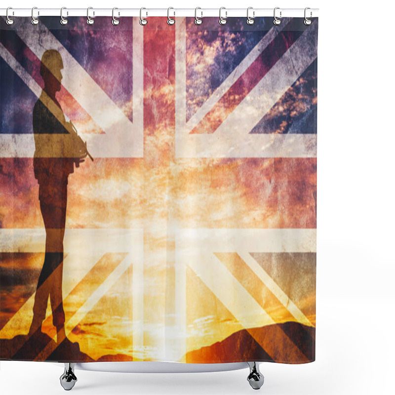 Personality  Armed Soldier With Rifle And British Flag Standing And Looking On Horizon. Silhouette At Sunset. War, Army, Military, Guard. Shower Curtains